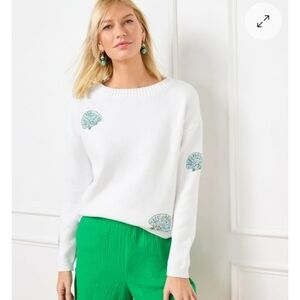Talbots White Sweater with Blue Embroidery Size Large